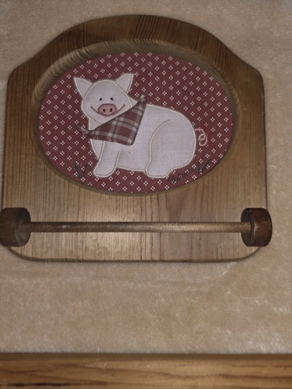 Vintage 1980s Wall Mounted Wooden Towel Holder Floral Fabric Pig Design